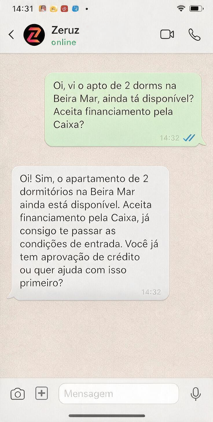 Conversa no WhatsApp da Zeruz respondendo o lead com contexto do imóvel e do financiamento