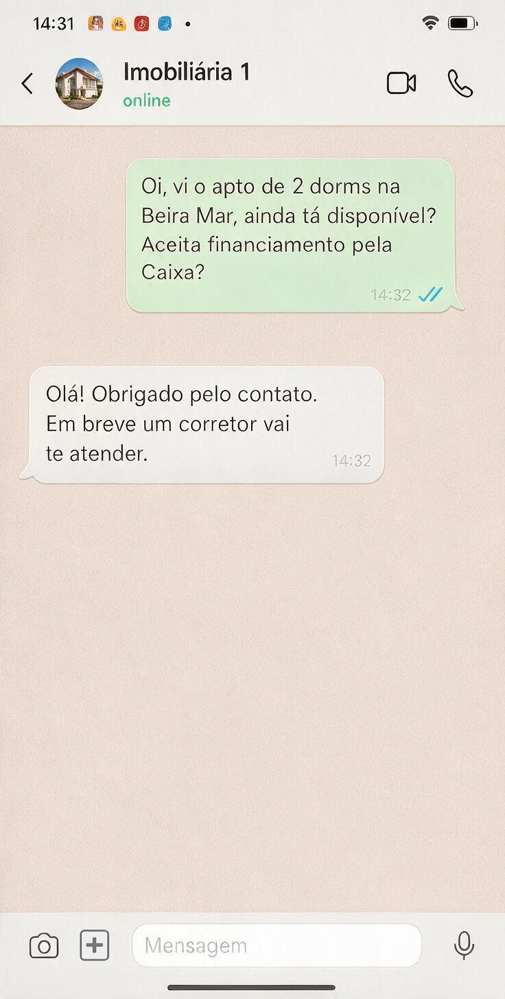Conversa no WhatsApp de uma imobiliária respondendo com mensagem genérica de template